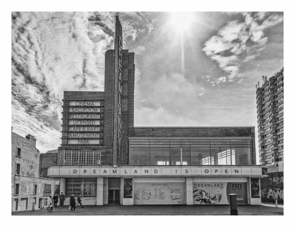 Dreamland print, 120 × 90 cm with white border — the Art Deco cinema and amusement park facade, Margate, black and white architecture photography by Tom Parsons