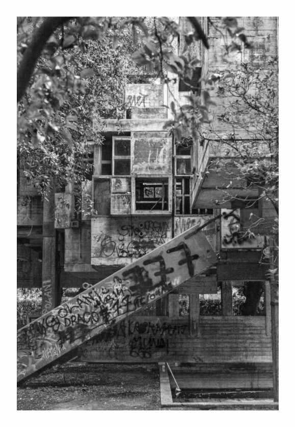 Casa Sperimentale print, 80 × 120 cm with white border — weathered concrete and graffiti at Casa Sperimentale, Fregene, black and white architecture photography by Tom Parsons
