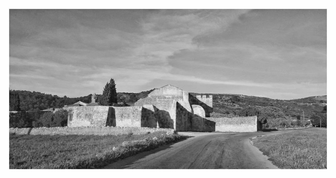 Farm House print, 177.9 x 90 cm with white border — old stone farmhouse on the road through Abruzzo, Italy, black and white landscape photography by Tom Parsons