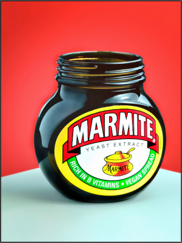 Colour photograph of a Marmite jar against a red background, celebration of British food nostalgia, by Tom Parsons