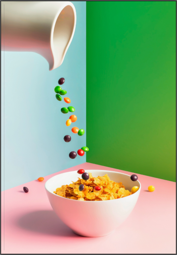 Colour photograph of rainbow candy pouring into a bowl of cornflakes with milk, satirical still life by Tom Parsons