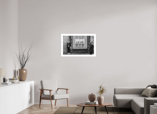 Love (passing ships) print, 82.5 × 50 cm on Hahnemühle FineArt Pearl — two strangers passing a LOVE jewellery window display, Via dei Condotti, Rome, black and white street photography by Tom Parsons