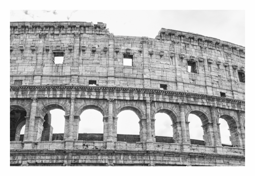 The Colosseum, Rome print, 120 × 80 cm with white border — close-up of the arches and travertine facade, black and white Roman architecture photography by Tom Parsons
