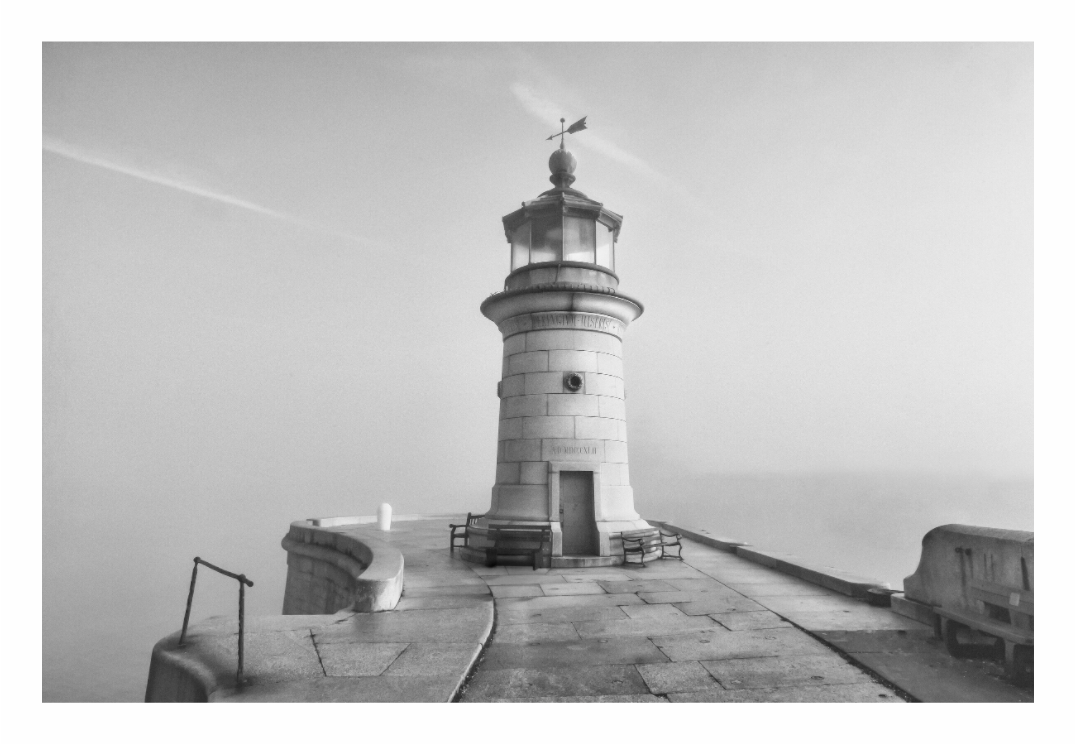 Lighthouse print, 120 × 80 cm with white border — Ramsgate Lighthouse on the Cinque Ports pier in misty conditions, Kent, black and white architecture photography by Tom Parsons