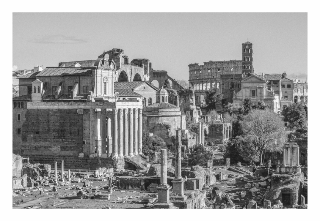 The Forum print, 120 × 80 cm with white border — ancient Roman Forum ruins with columns and the Colosseum beyond, Rome, Italy, black and white architecture photography by Tom Parsons