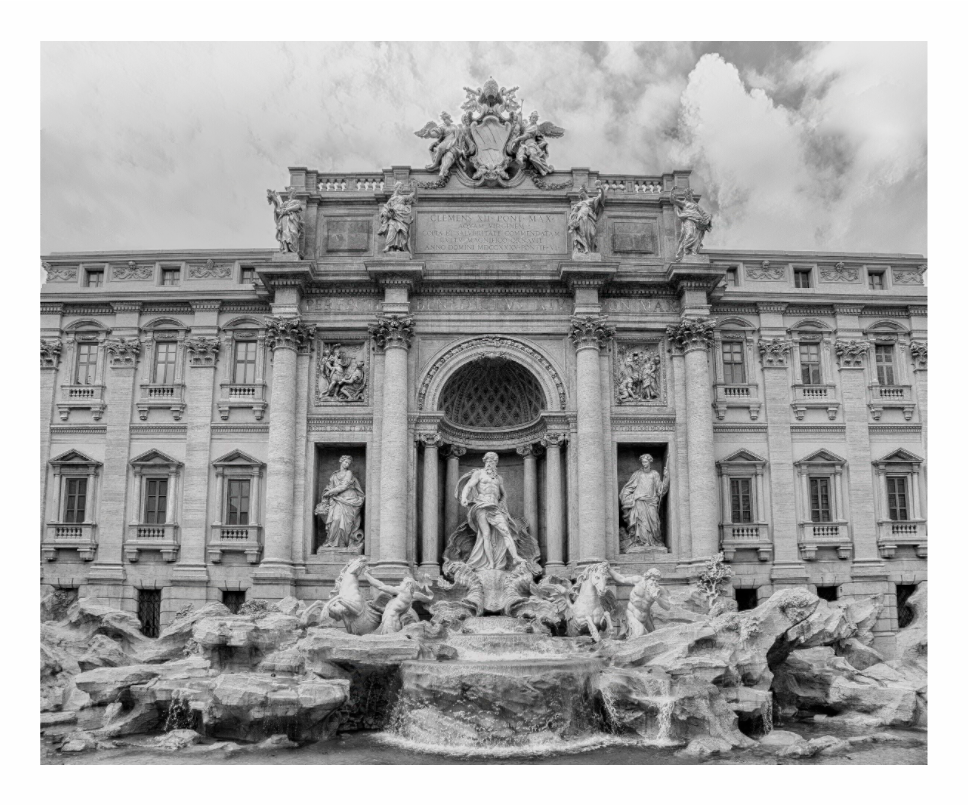Trevi Fountain print, 110.3 × 90 cm with white border — the Trevi Fountain empty of crowds, Rome, Italy, black and white architecture photography by Tom Parsons
