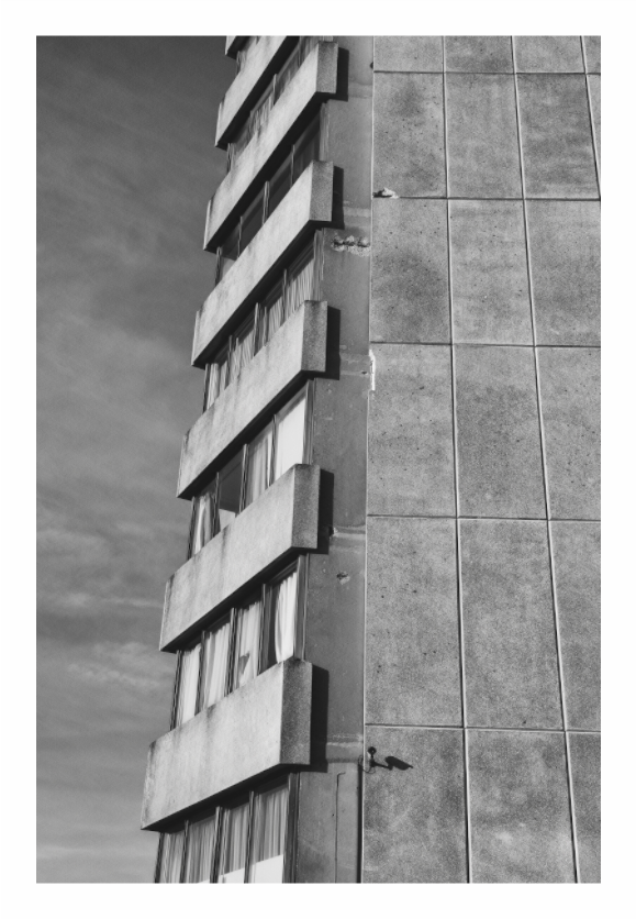 Arlington House print, 80 × 120 cm with white border — close-up detail of the concrete balconies and façade, Margate, black and white architectural photography by Tom Parsons