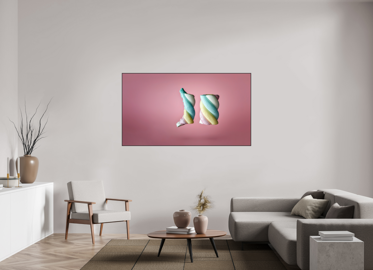 176 x 99 cm, 25mm Aluminium ArtBox Acrylic 2mm gloss glass Marshmallow Twists