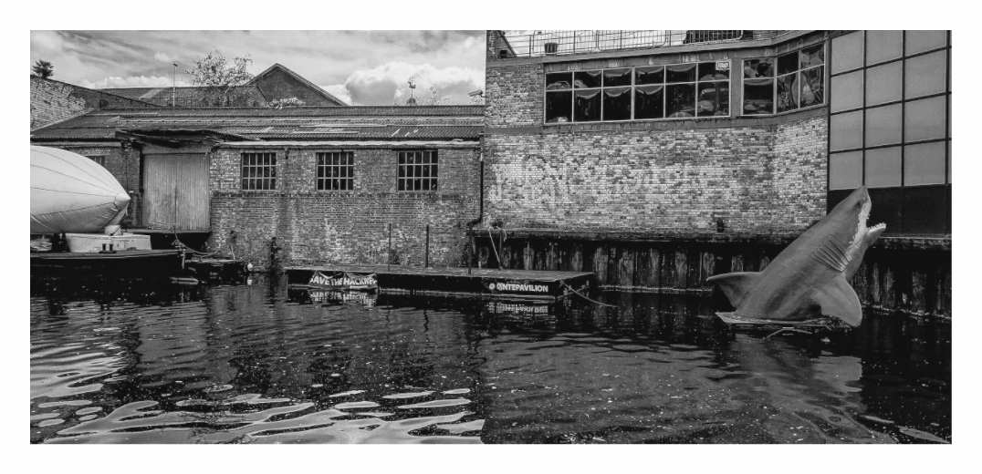 Shark Infested print, 155.6 × 70 cm with white border — shark sculpture rising from a London canal beside derelict warehouses, black and white street photography by Tom Parsons