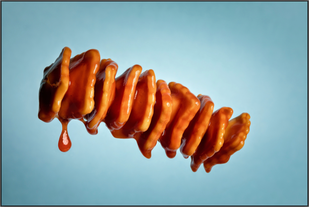 Ravioli print, 180 × 120 cm framed — colour photograph of ravioli in tomato sauce arranged in a spiral, satirical still life of a Heinz Ravioli tin, by Tom Parsons