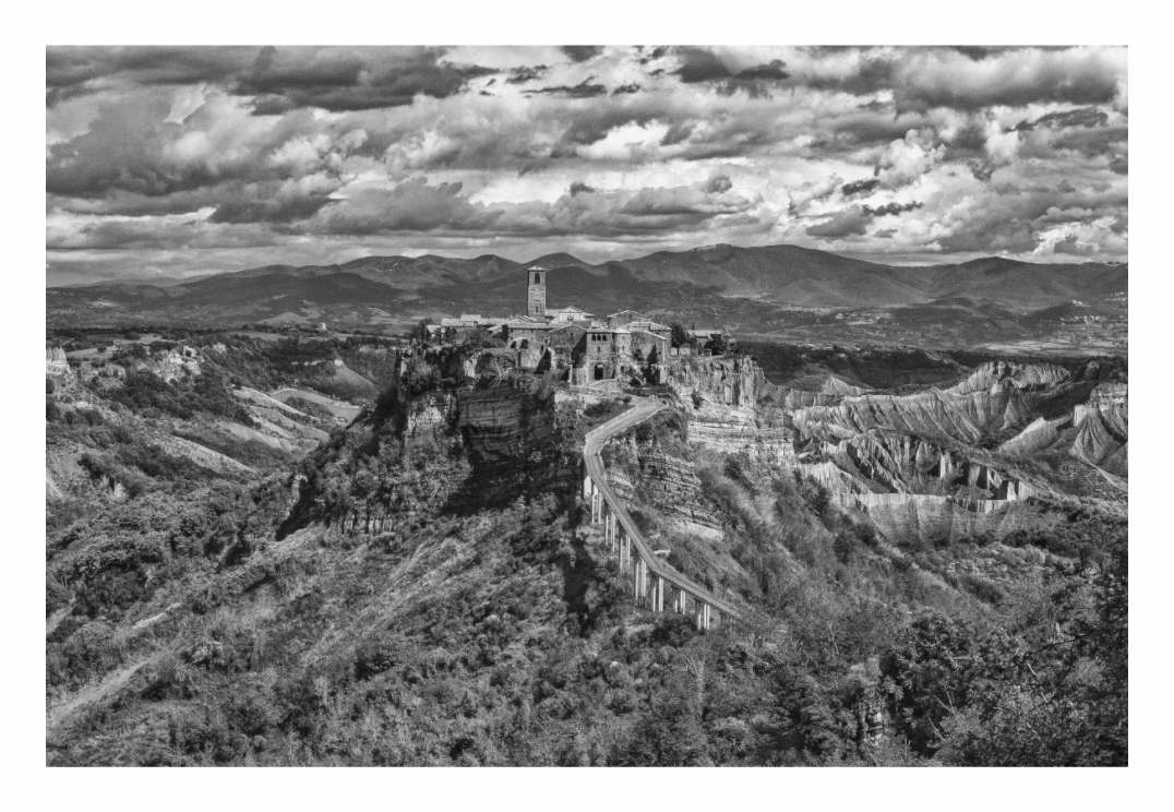 Bagnoregio print, 120 × 80 cm with white border — Civita di Bagnoregio's hilltop village on an eroded tuff plateau, Lazio, Italy, black and white landscape photography by Tom Parsons