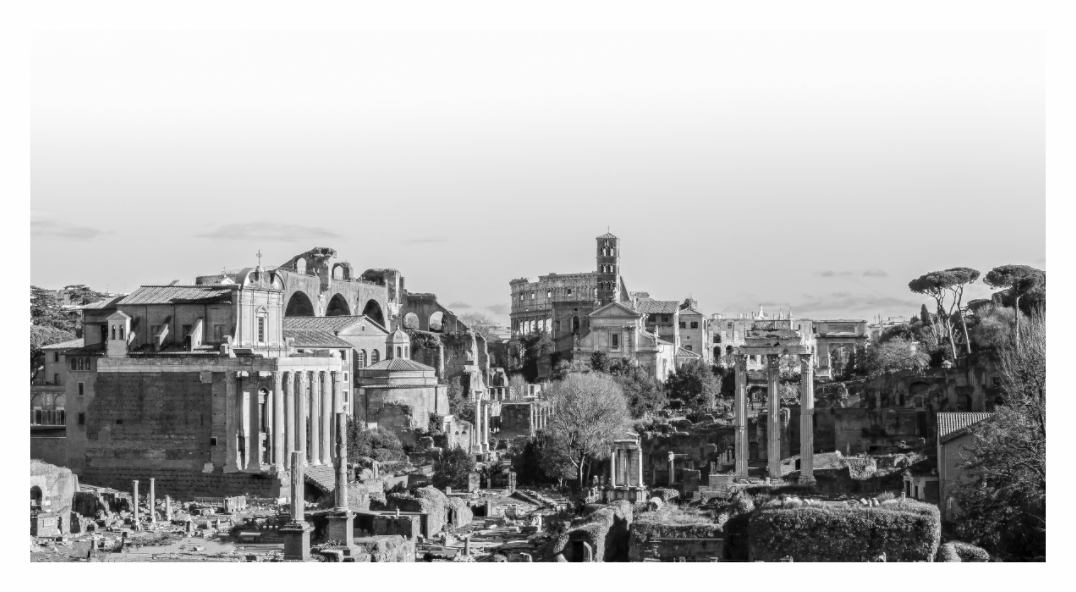 The Forum, Rome print, 171.6 × 90 cm with white border — panoramic wide view of ancient Roman ruins, columns and temples, black and white architectural photography by Tom Parsons
