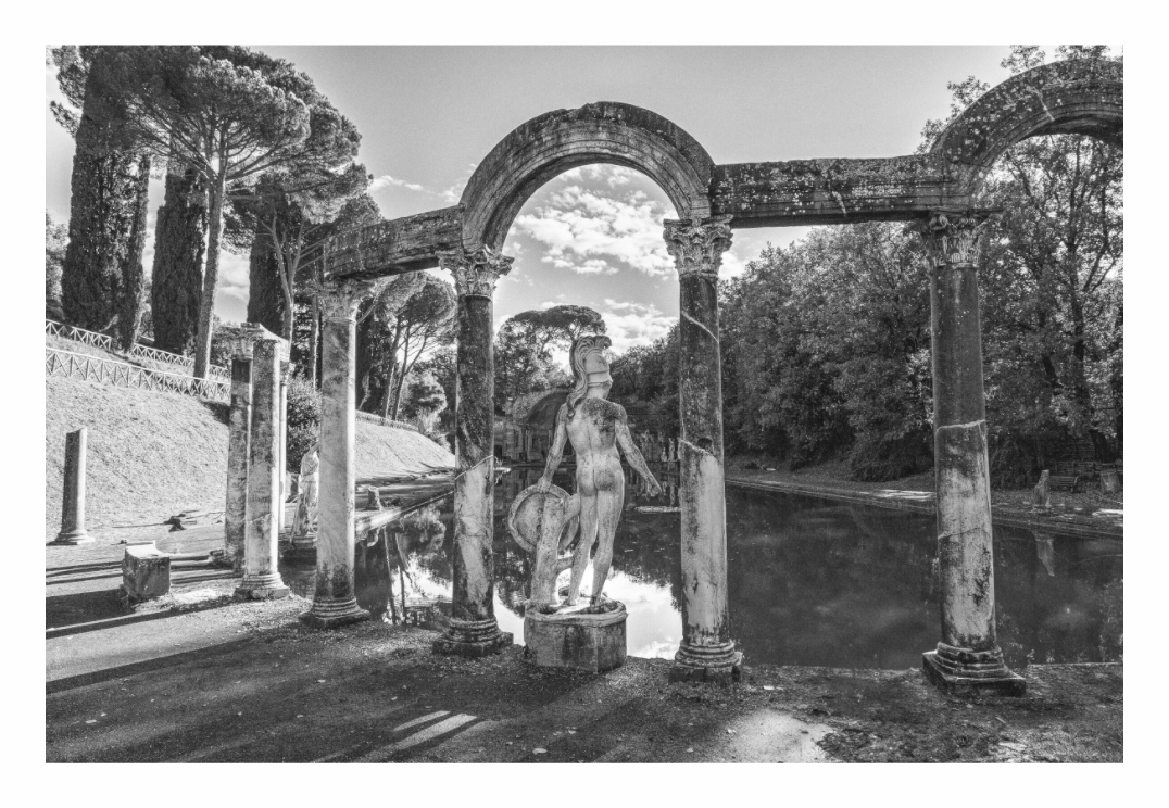 Hadrian's Villa print, 120 × 80 cm with white border — ancient Roman colonnaded arches reflected in the pool at Hadrian's Villa, Tivoli, Italy, black and white architecture photography by Tom Parsons